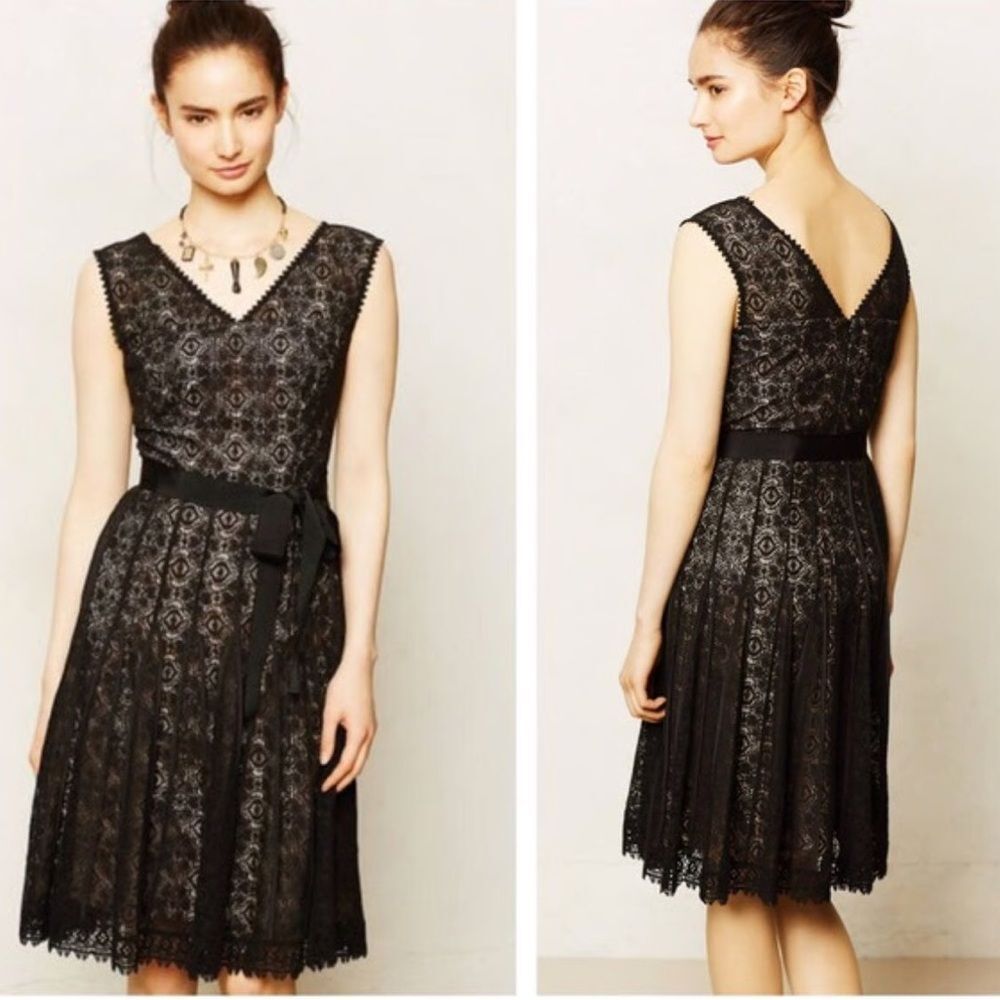 Anthropologie Black Tan A-line Midi Dress Cocktail - Size 0